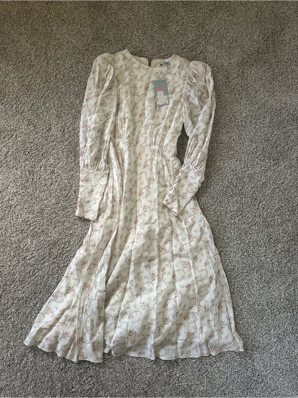 NEW Antonio Melani Floral Puff Sleeve Midi Dress Ivory Pink Size 0 NWT